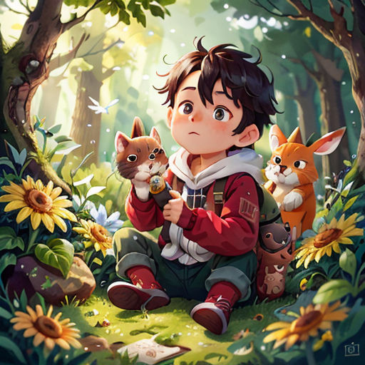 a boy sitting in the woods with two cats and a cat on his lap, with a cat on his lap