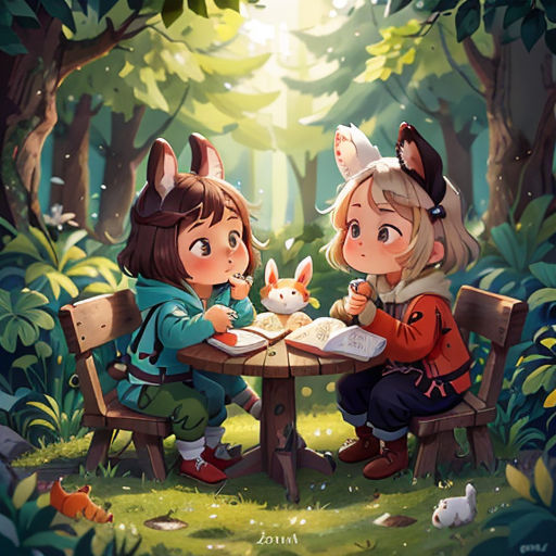 two children sitting at a table with a bunny in the forest reading a book and a bunny in the woods