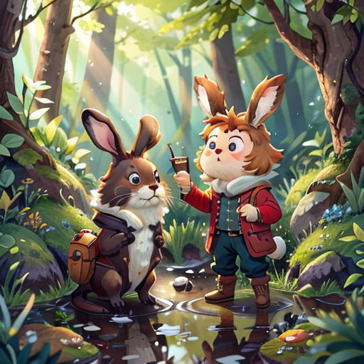 a rabbit and a rabbit in the woods with a gun in their hands and a rabbit in the foreground