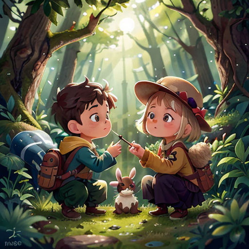 two children in the woods with a rabbit in their lap and a forest background with trees and grass, and a light shining through the trees