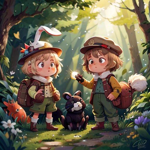 two children in the woods with a dog and a rabbit in front of them, one of them is holding a candle