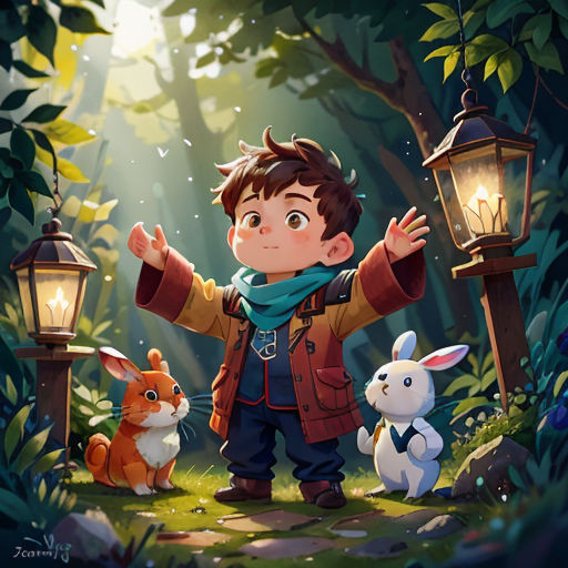 a boy standing in the woods with two rabbits and a lantern in front of him, with a forest background