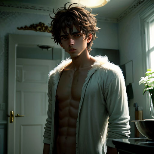 a man with a shirt on standing in a room with a door and a potted plant in the corner