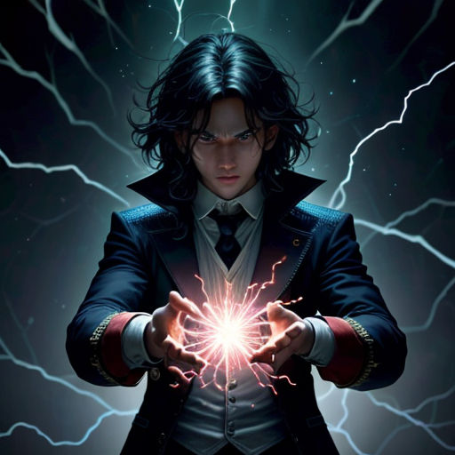 a man holding a glowing ball in his hands with lightning in the background and a lightning bolt in the air