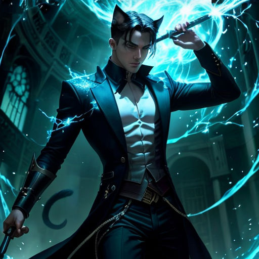 a man in a black coat holding a sword and a glowing orb in the background of a building with a clock