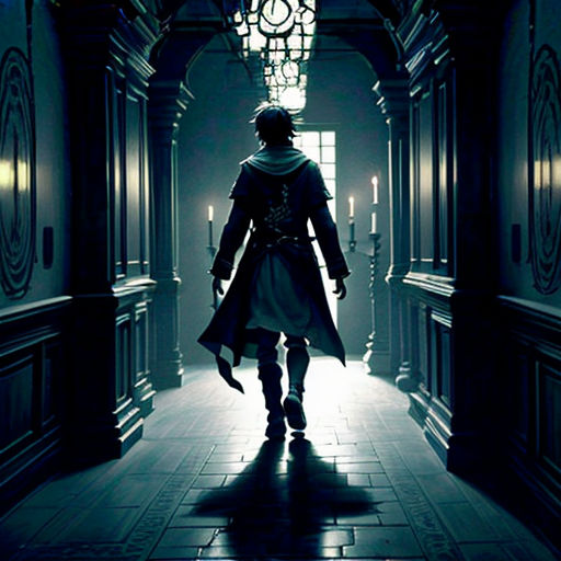 a man in a long coat walking down a hallway in a building with a clock on the wall behind him