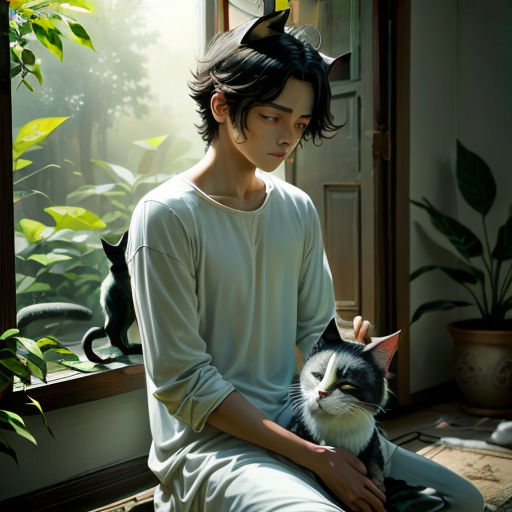 a man sitting on a window sill holding a cat and a cat sitting on his lap next to him