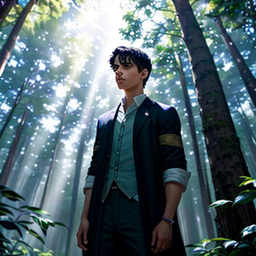 a man standing in the middle of a forest with a light shining through the trees behind him and a star in the sky