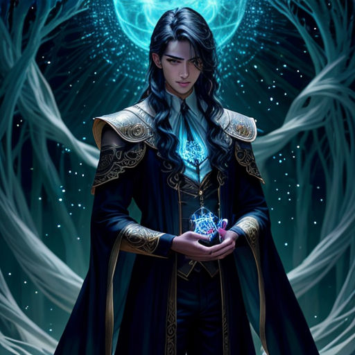 a man in a black outfit holding a crystal ball in his hands with a blue light shining in the background