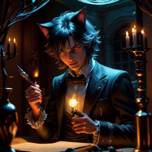 a man in a cat suit holding a lighter and a book in his hand in a room with candles