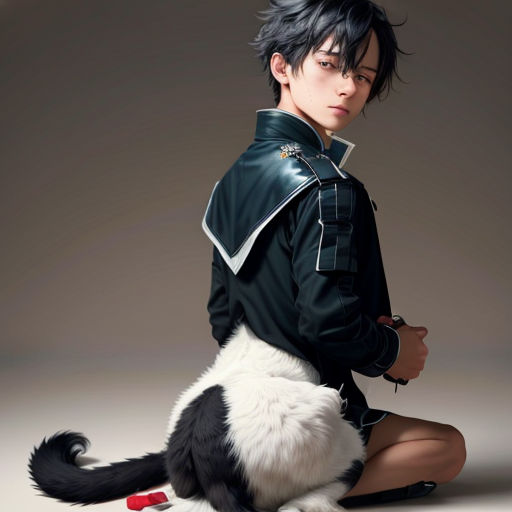 a man in a black jacket sitting on the ground with a cat on his lap and a red object in his hand
