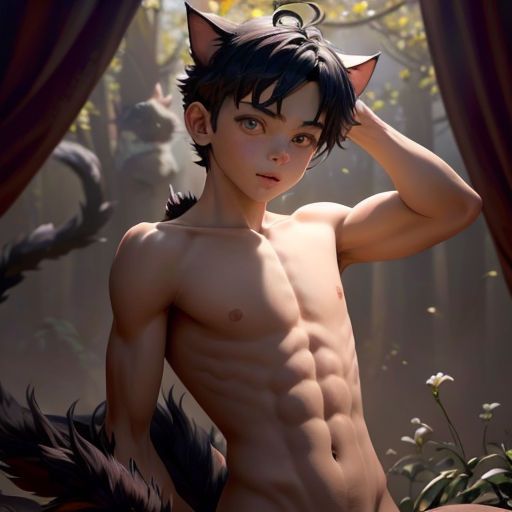 a naked man with a cat ears on his head and a forest background with flowers and trees behind him