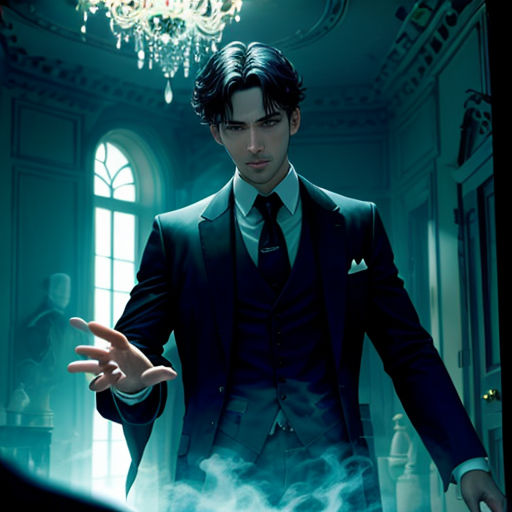 a man in a suit and tie holding his hands out in front of him in a room with a chandelier