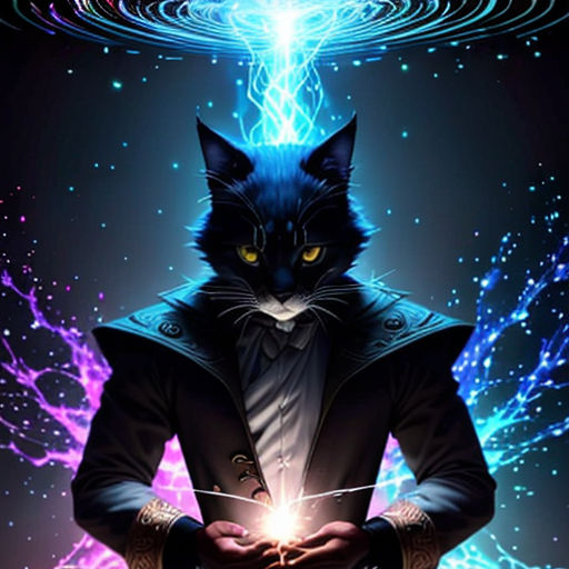 a cat in a suit holding a glowing ball in his hands with a blue light coming out of it