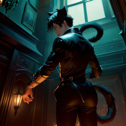 a cat - like character in a dark room with a cat tail on his back, and a cat tail on his shoulder
