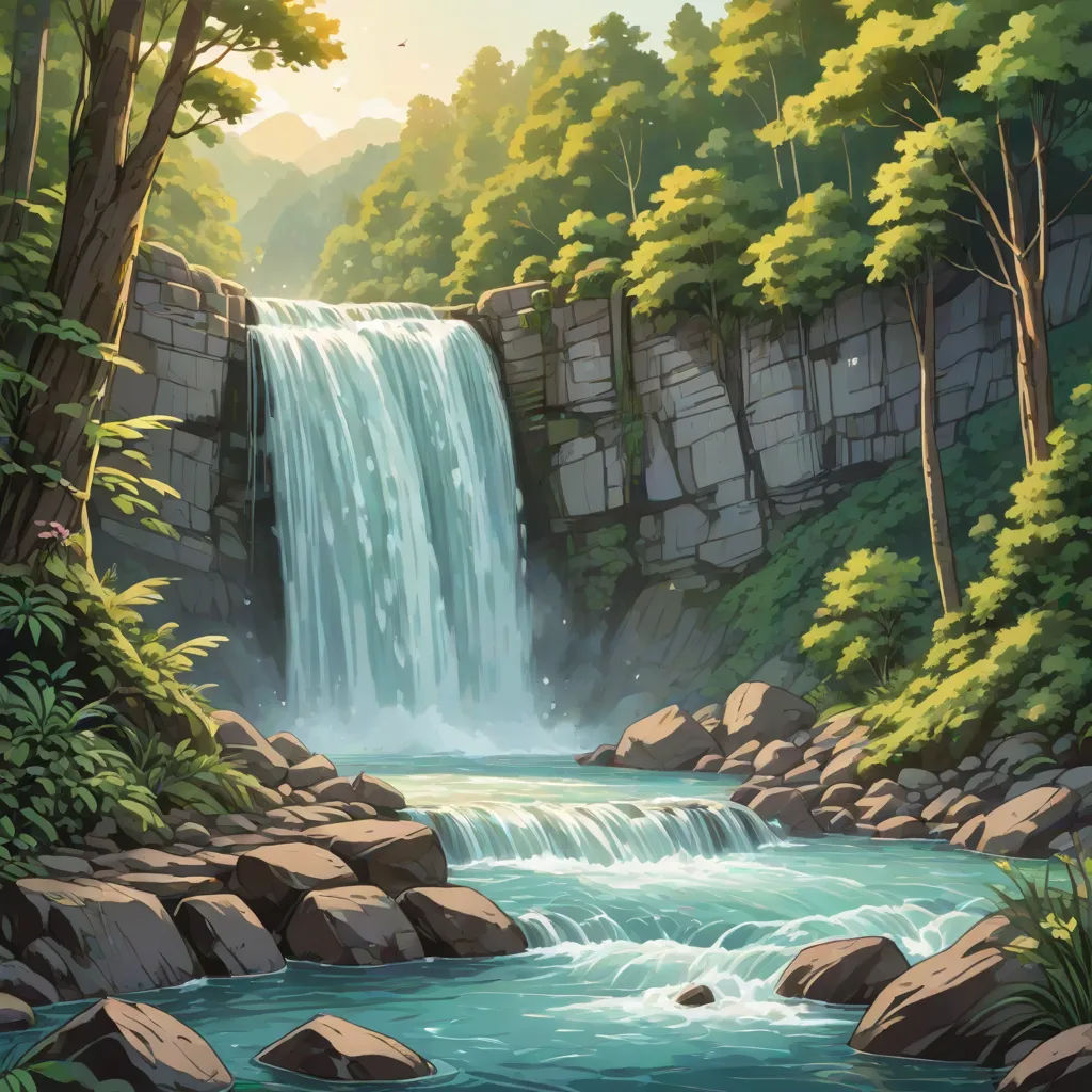 a painting of a waterfall in a forest with rocks and trees around it and a stream running through the center, Christophe Vacher, american scene painting, a detailed matte painting, waterfall
