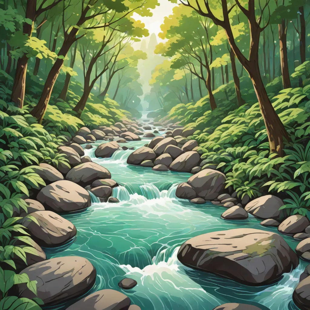 a river flowing through a lush green forest filled with rocks and trees, with a sun shining through the trees, Dan Mumford, environmental art, a detailed matte painting, river