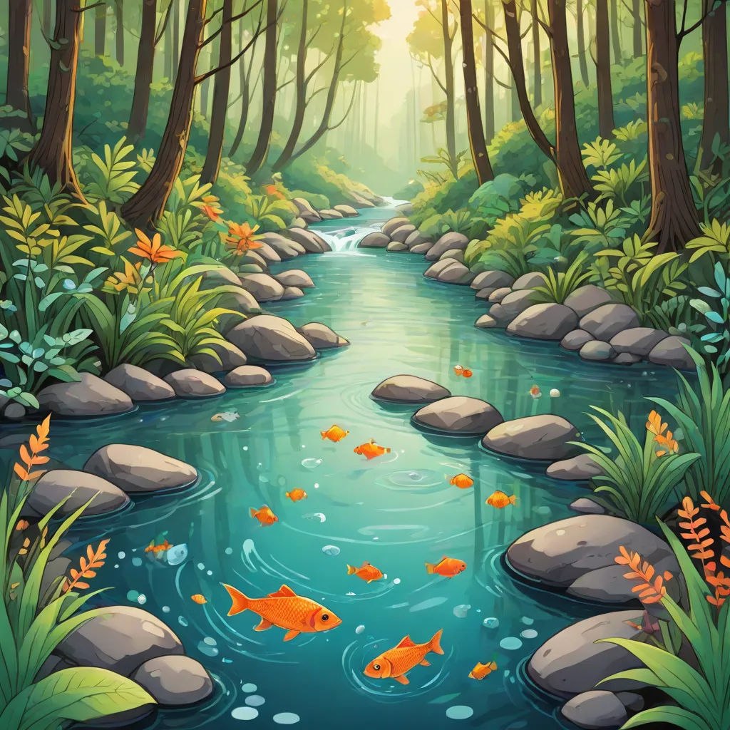 a painting of a river in a forest with goldfishs swimming in it and trees and rocks surrounding it, Chris LaBrooy, environmental art, a storybook illustration, river