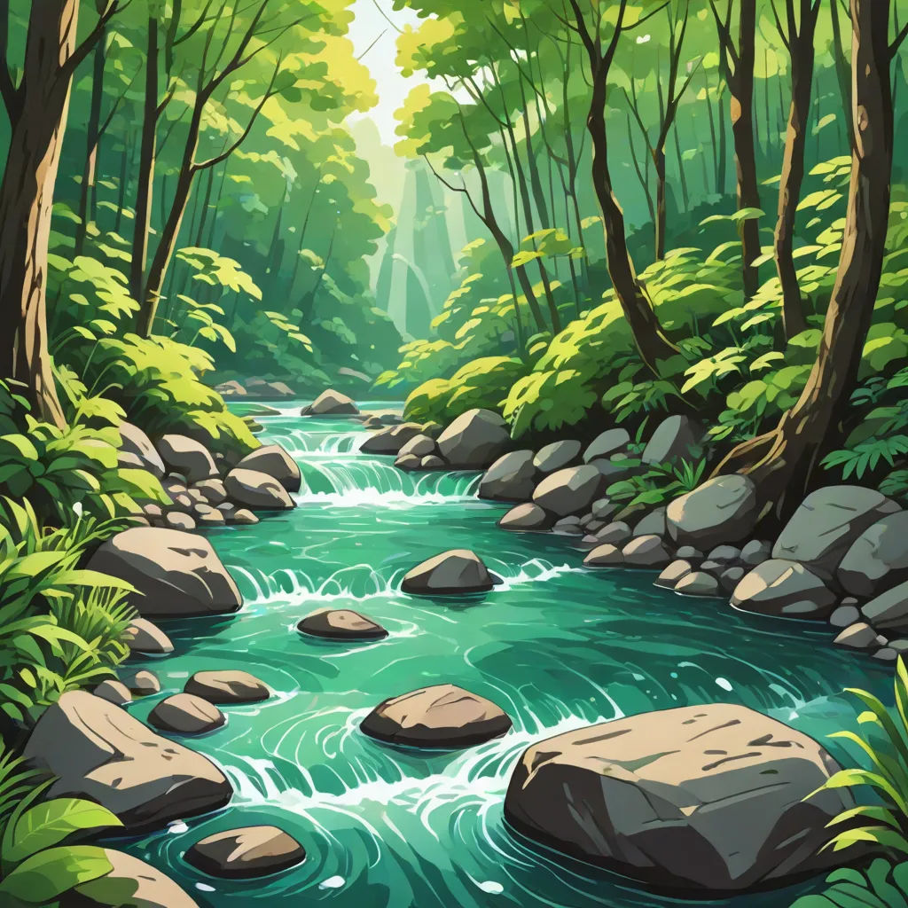 a river flowing through a lush green forest filled with rocks and trees, with sunlight streaming through the trees, Dan Mumford, environmental art, a detailed matte painting, river