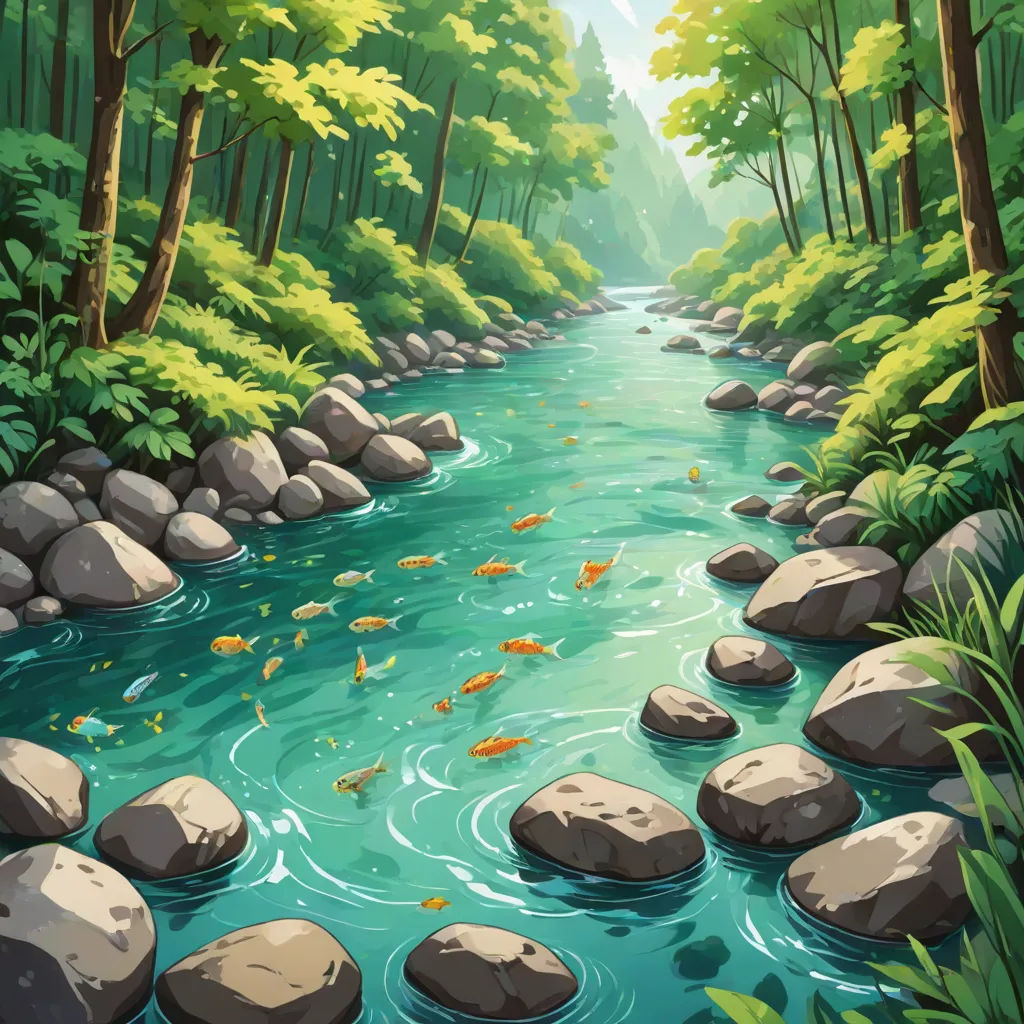 a river flowing through a lush green forest filled with rocks and plants, surrounded by rocks and trees, with a few fish swimming in the water, Dan Mumford, environmental art, a detailed matte painting, river