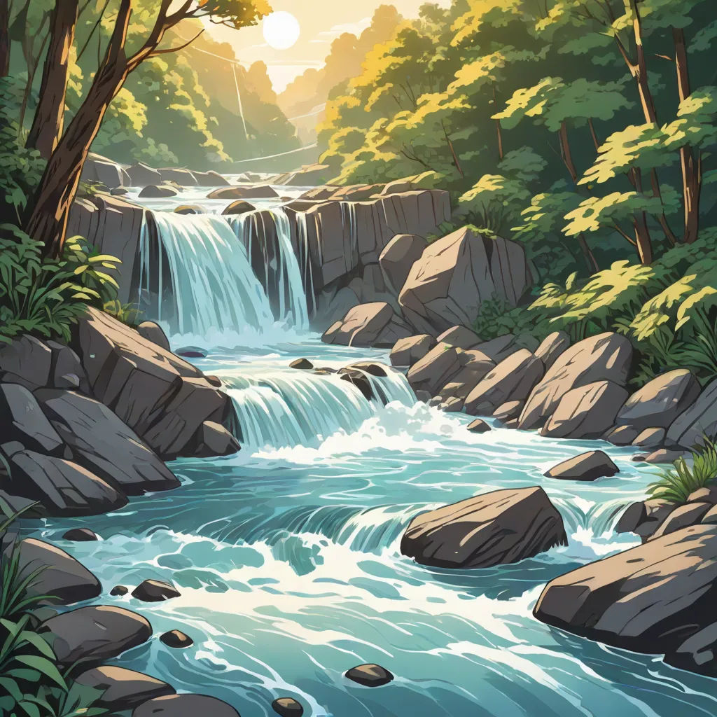 a painting of a waterfall in a forest with rocks and trees around it and a sun shining down on the water, Dan Mumford, environmental art, a detailed matte painting, kinkade