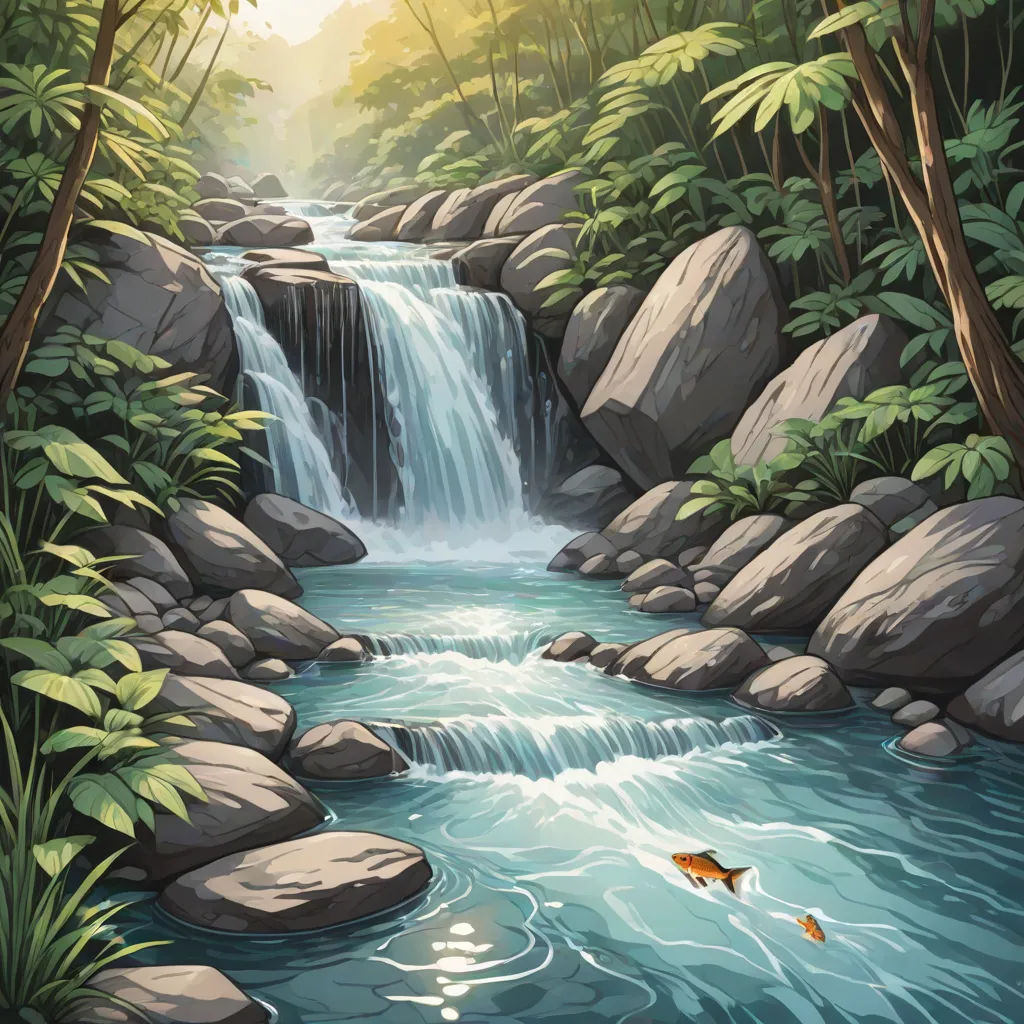 a painting of a waterfall and a fish swimming in it's stream in the jungle with rocks and trees, Cliff Childs, environmental art, a storybook illustration, waterfall