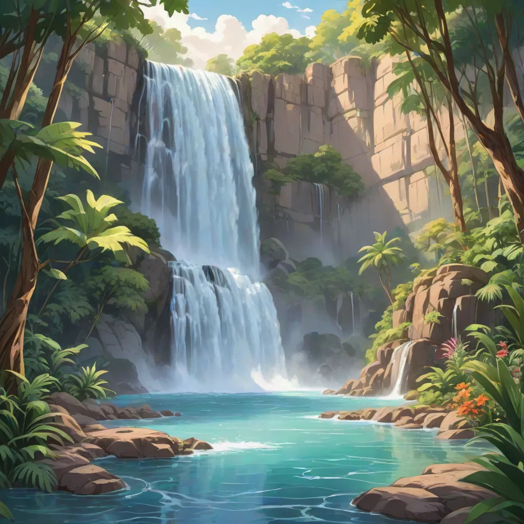 a painting of a waterfall in a tropical forest with blue water and rocks and trees surrounding it and a stream running through the center, Christophe Vacher, fantasy art, a detailed matte painting, kinkade