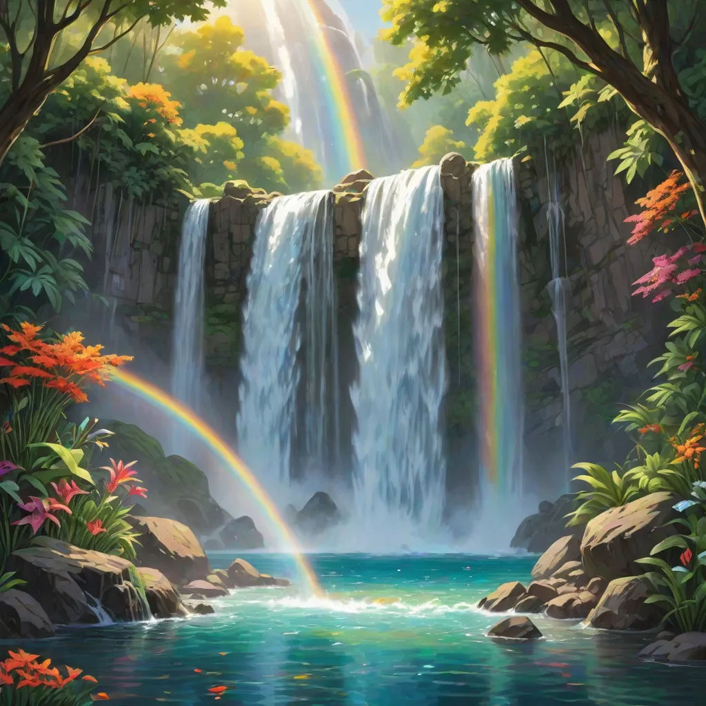 a painting of a waterfall with a rainbow in the background and a rainbow in the foreground, and a rainbow in the middle of the picture, Christophe Vacher, fantasy art, a detailed matte painting, kinkade