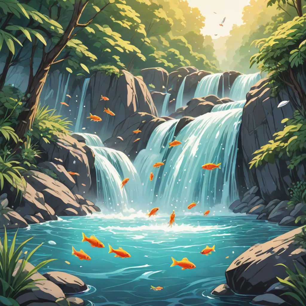 a painting of a waterfall with goldfish swimming in it and a forest with trees and rocks surrounding it, Dan Mumford, environmental art, a detailed matte painting, waterfall