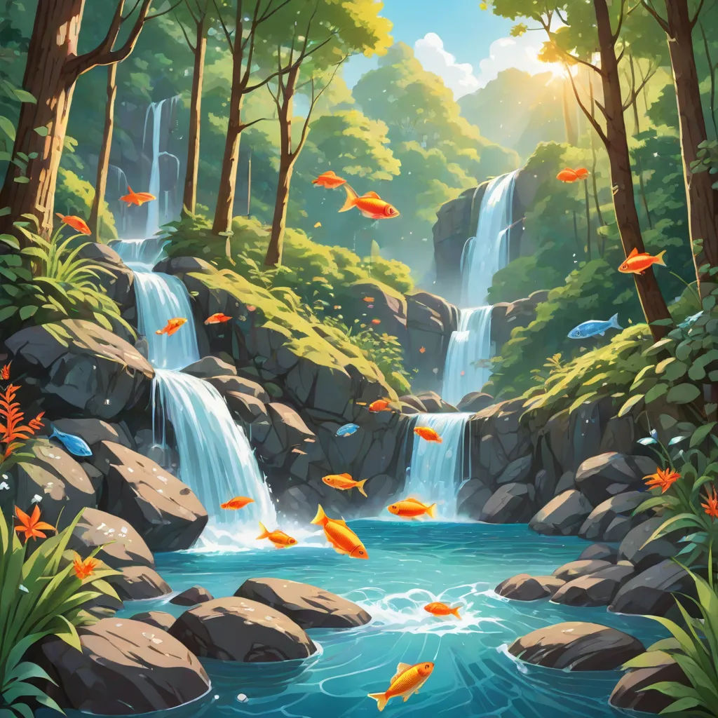 a painting of a waterfall with fish swimming in it and a forest with rocks and trees surrounding it and a stream of water, Chris LaBrooy, fantasy art, a detailed matte painting, waterfall