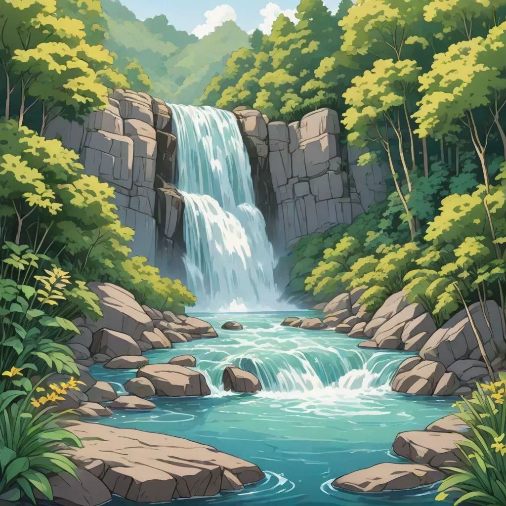 a waterfall in a forest with rocks and plants around it and a stream running through it, surrounded by greenery, Christophe Vacher, environmental art, a detailed matte painting, waterfall