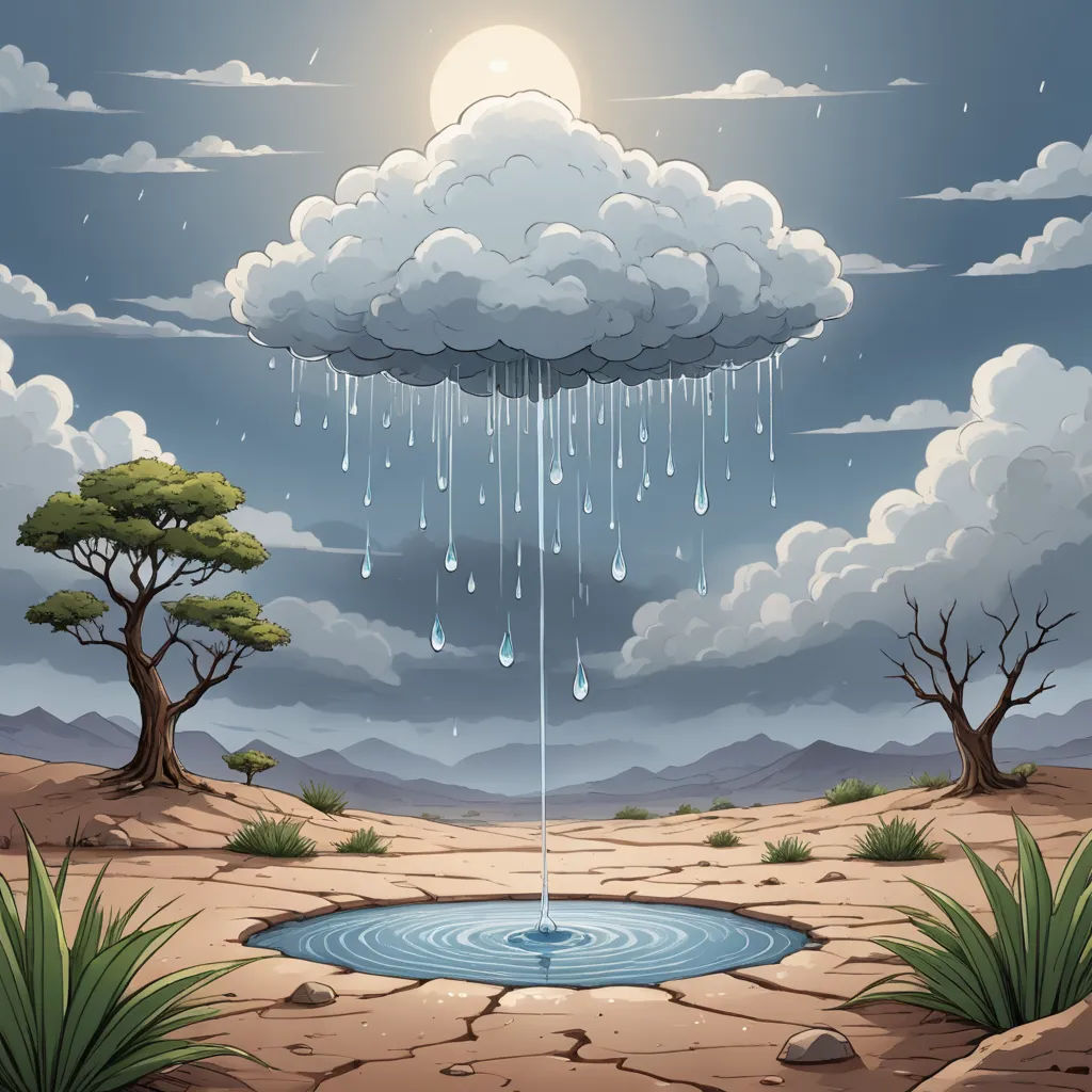 a cartoon scene with a rain cloud and a tree in the desert with a pool of water in the middle, fantasy art, a detailed matte painting, Cyril Rolando, highly detailed digital art
