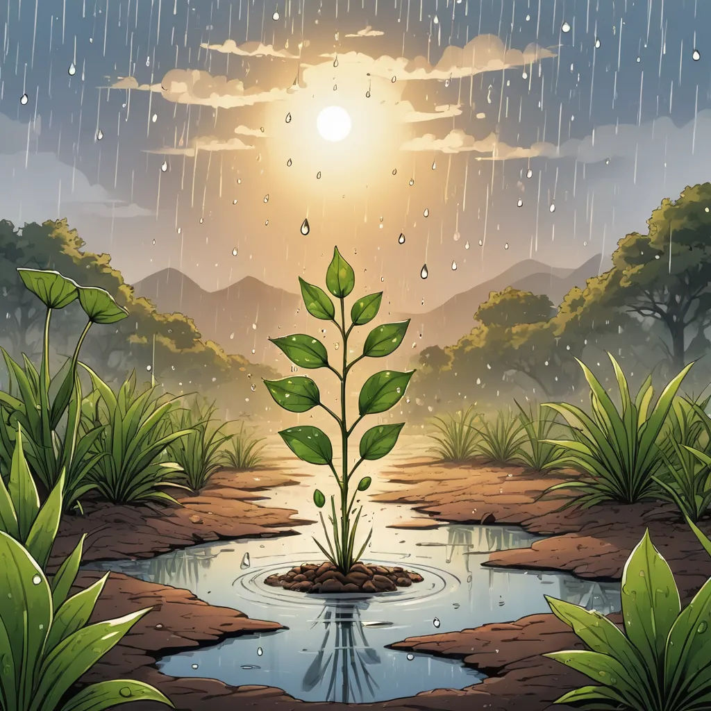 a painting of a rain soaked swamp with a plant in the middle of it and a sun in the background, environmental art, a storybook illustration, Cyril Rolando, comic cover art