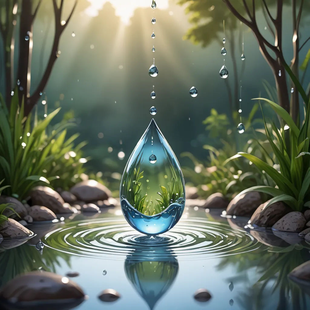 a water droplet with grass and water droplets falling from it into a pond of water surrounded by rocks and grass, photorealism, a photorealistic painting, Cyril Rolando, highly detailed digital painting
