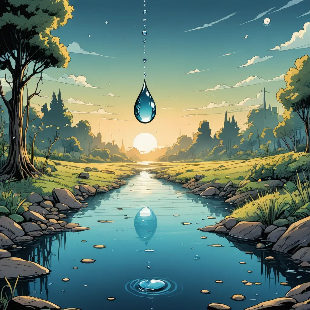 a painting of a river with a drop of water hanging from it's side and a sunset in the background, environmental art, poster art, Chris LaBrooy, water