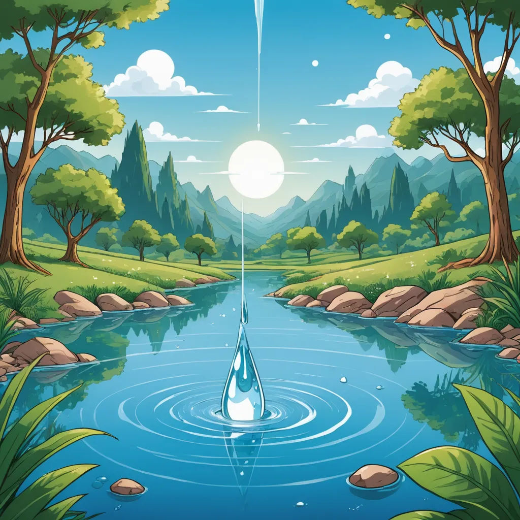 a river with a boat in it and a sun in the sky above it and trees and rocks around it, environmental art, a storybook illustration, Chris LaBrooy, water
