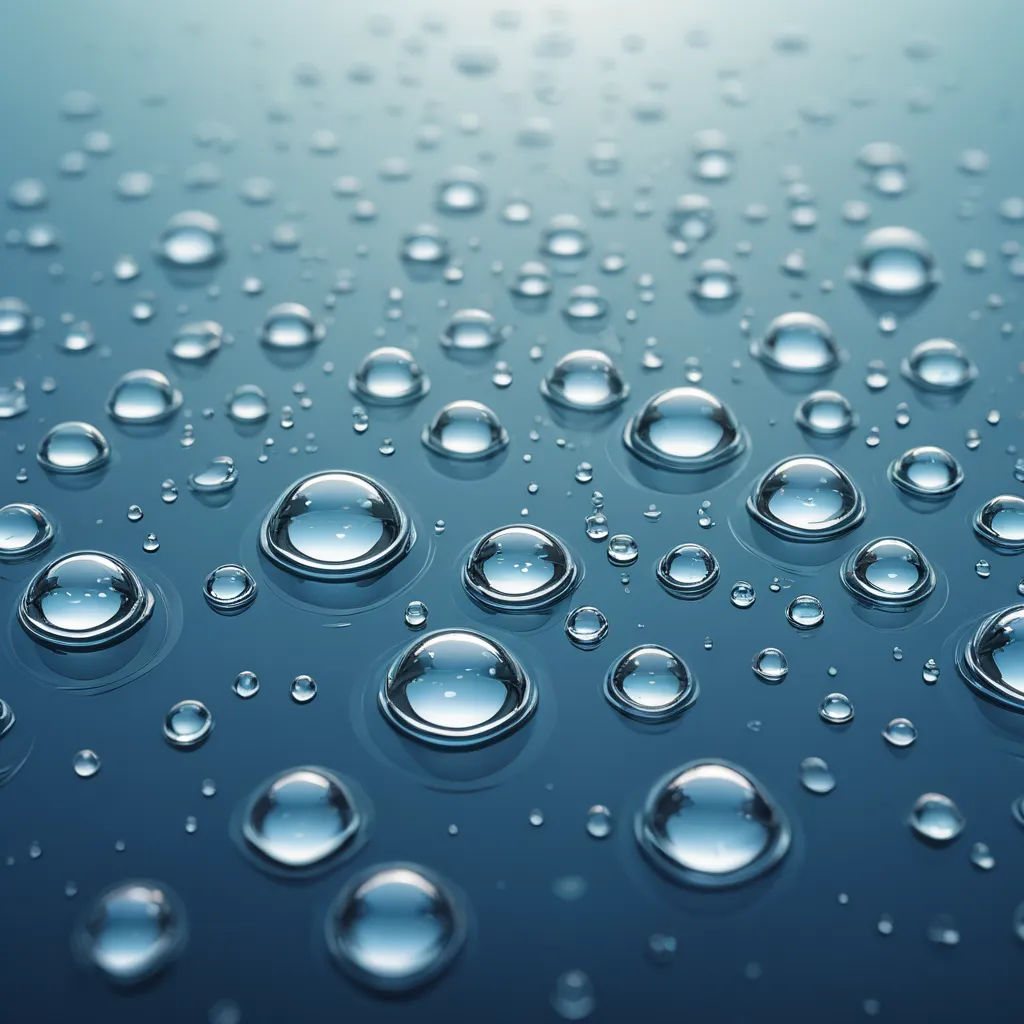 a close up of water droplets on a blue surface with a light blue background and a white spot in the center, photorealism, a 3D render, An Gyeon, water