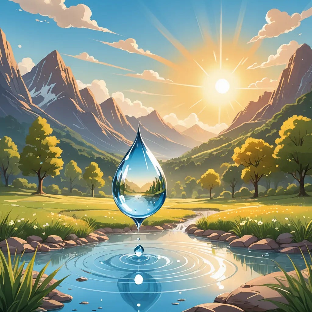 a painting of a mountain landscape with a water drop coming out of a pond and a sun shining over the mountains, fantasy art, an airbrush painting, Chris LaBrooy, highly detailed digital art