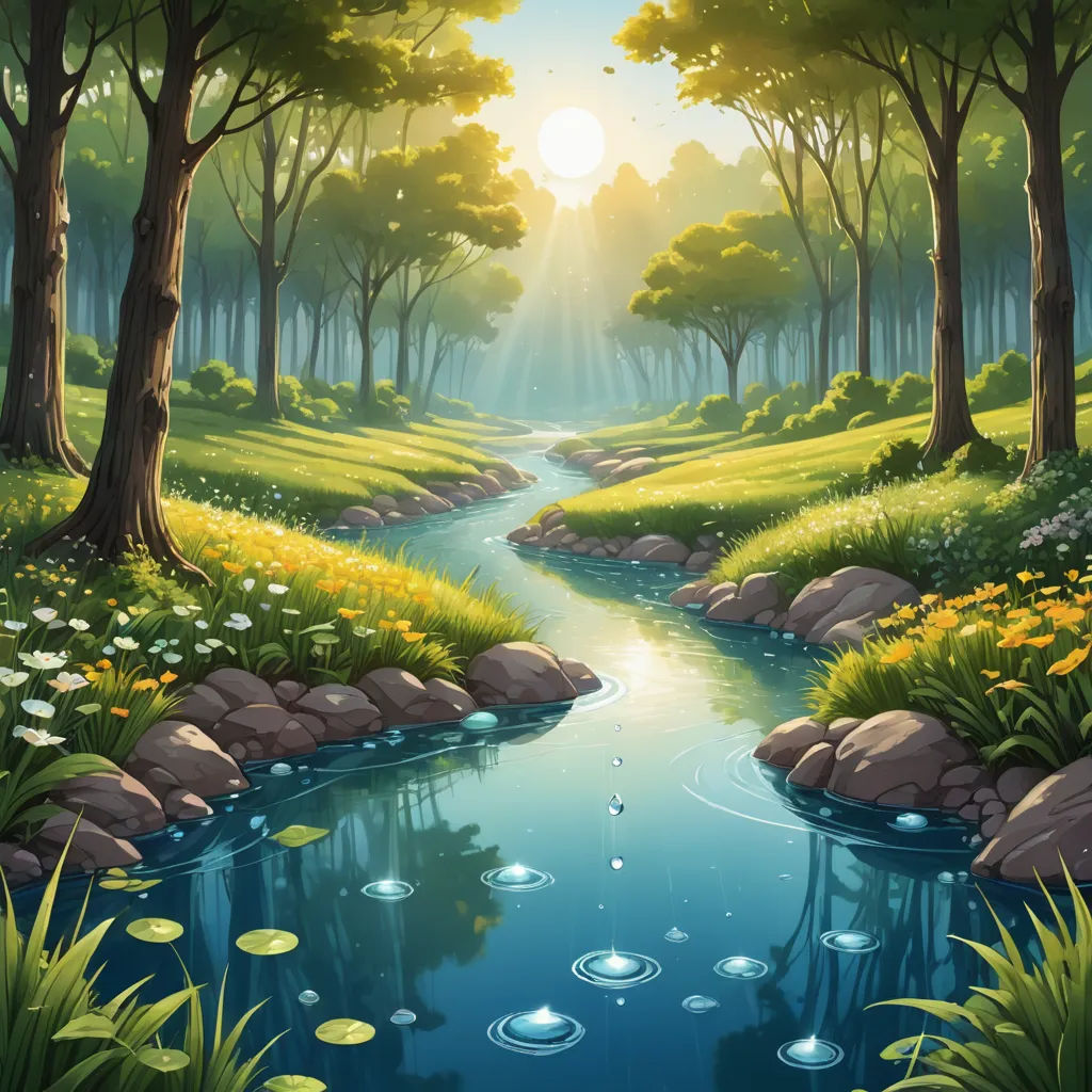 a painting of a river running through a forest with rocks and flowers on the bank of the river, with the sun shining through the trees, environmental art, a detailed matte painting, Chris LaBrooy, nature