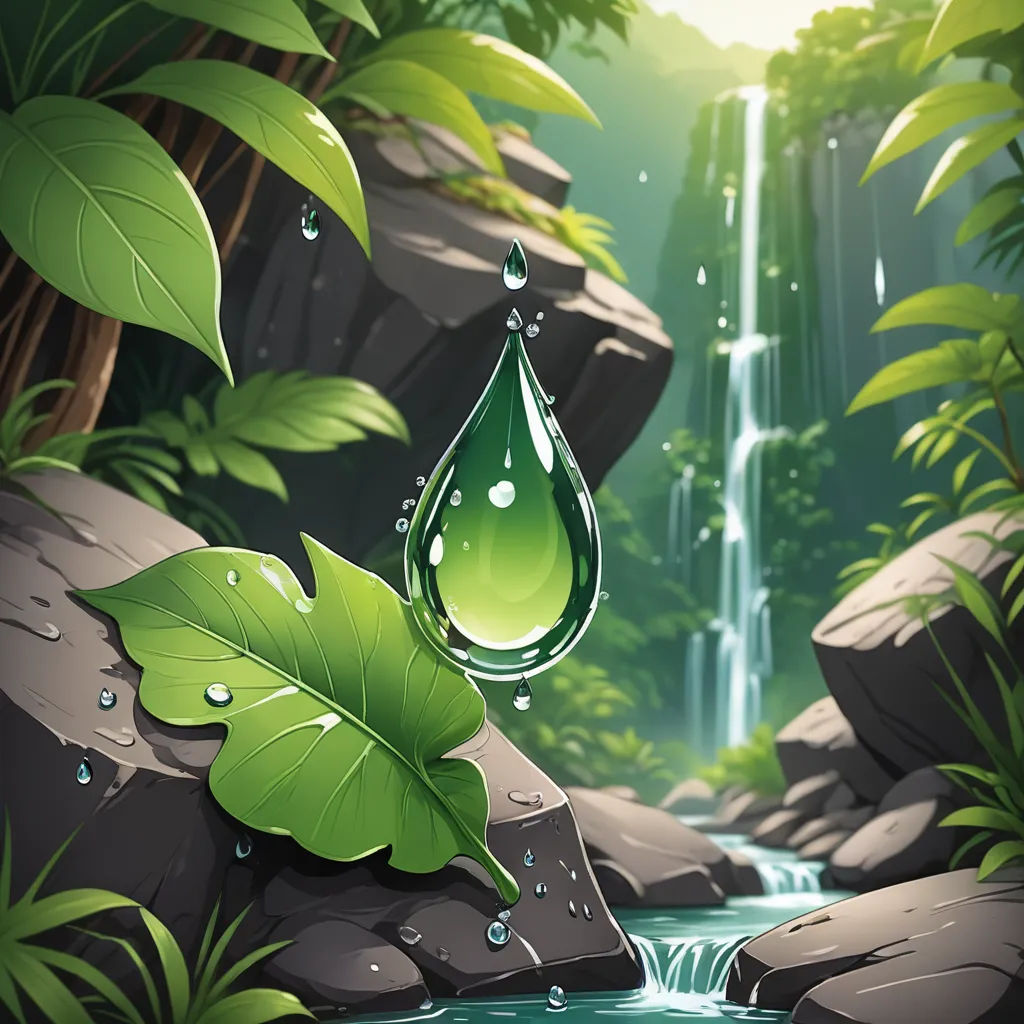 a waterfall with a drop of water hanging from it's side next to a lush green forest with rocks and a waterfall, fantasy art, a detailed matte painting, David Martin, waterfall