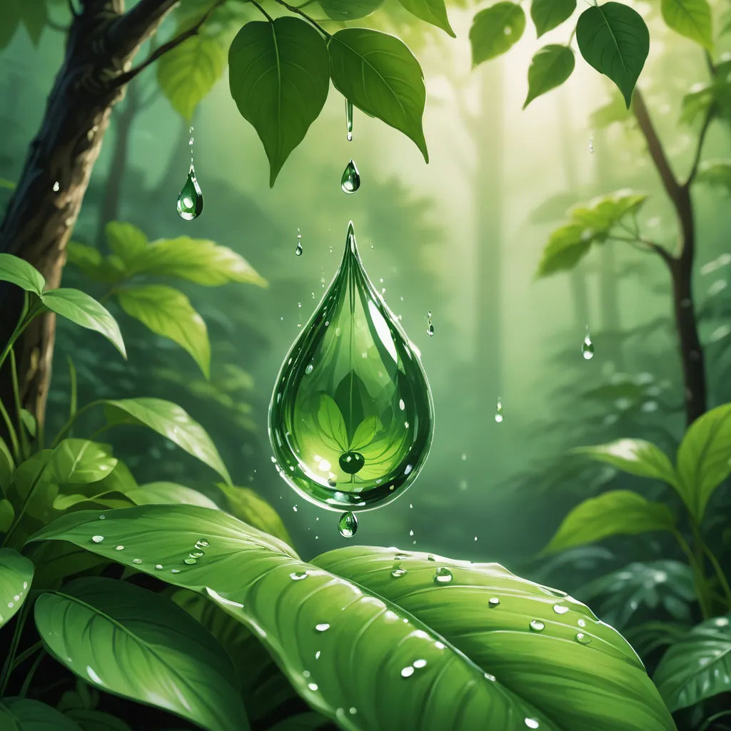 a green leaf with a drop of water hanging from it's side in a forest with trees and foliage, environmental art, a digital painting, David Martin, highly detailed digital painting