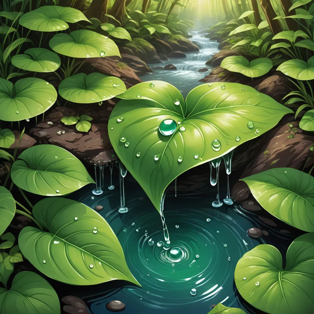 a painting of a green heart shaped plant with water drops on it's leaves and a stream of water running through it, fantasy art, a detailed matte painting, Anne Stokes, highly detailed digital painting