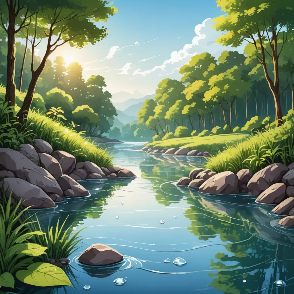 a river flowing through a lush green forest filled with rocks and trees, with a sun shining through the clouds, environmental art, a detailed matte painting, Chris LaBrooy, nature