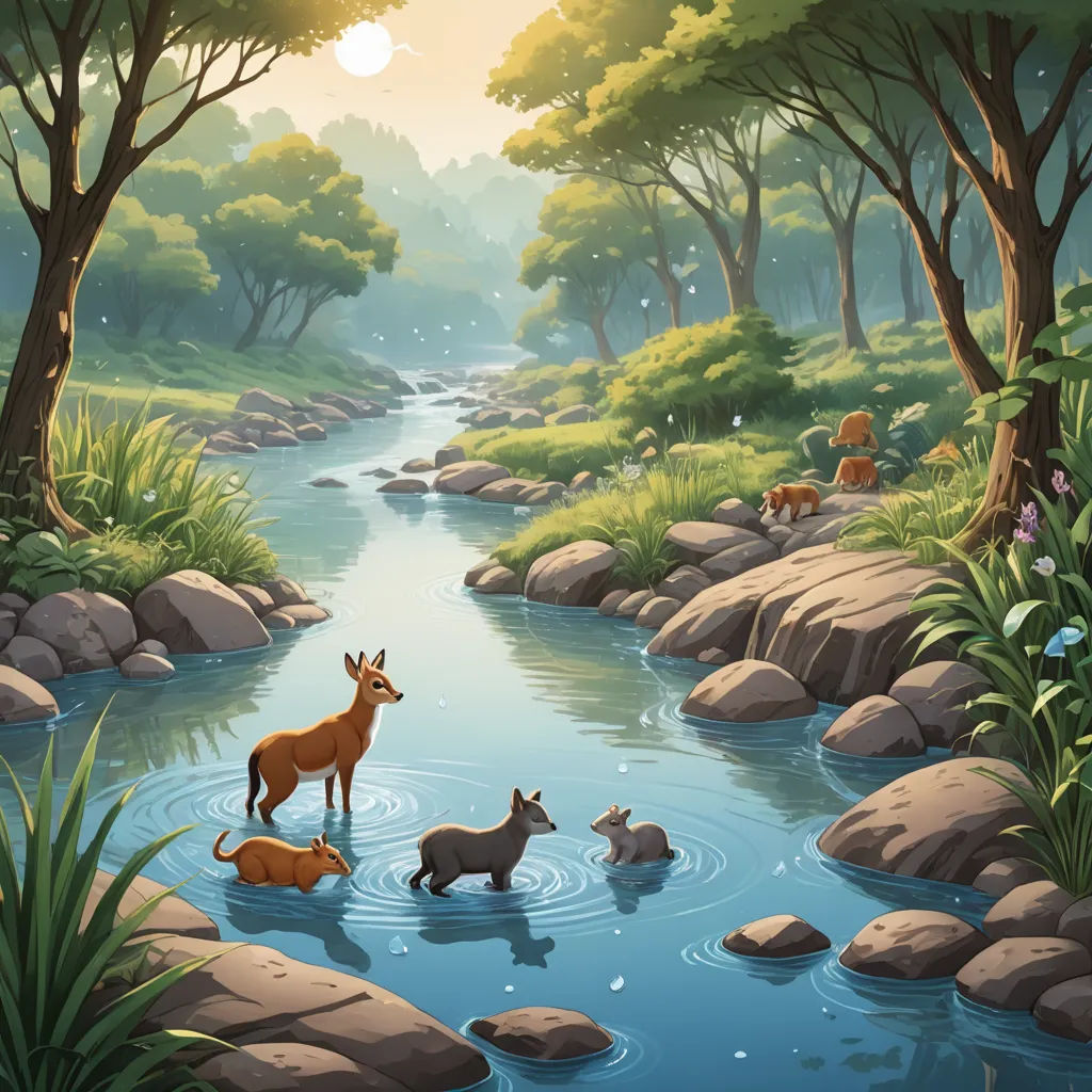 a painting of a river with animals in it and a forest in the background with rocks and grass and trees, environmental art, a storybook illustration, Chris LaBrooy, storybook illustration