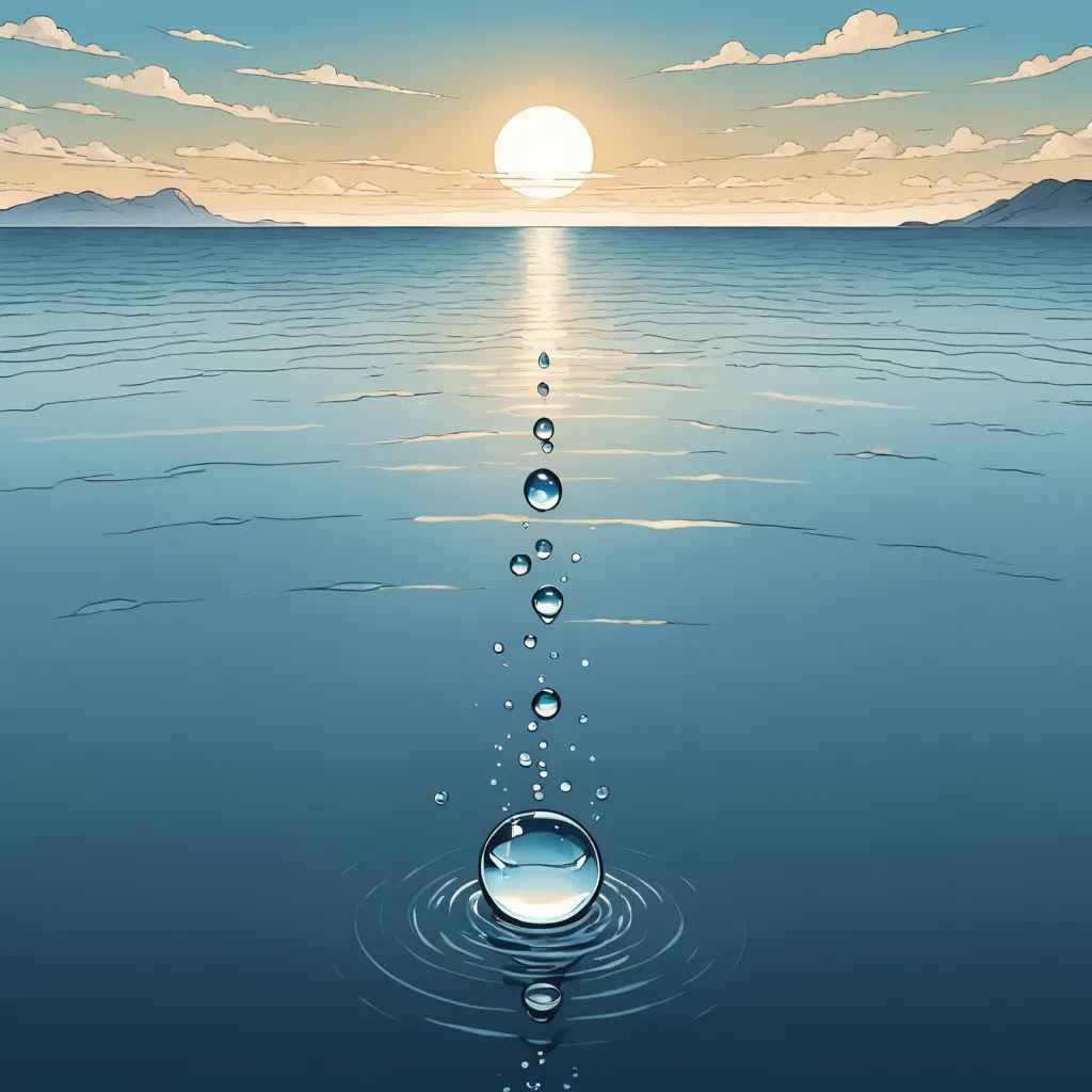 a water droplet is shown in the middle of the ocean with a sunset in the background and clouds in the sky, photorealism, a detailed matte painting, Christophe Vacher, official art