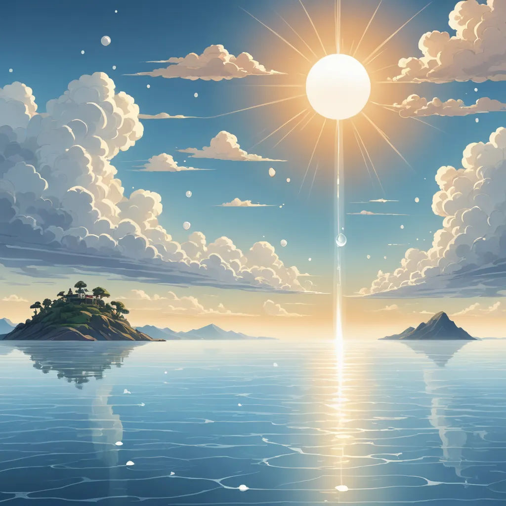 a painting of a sunset over a body of water with a small island in the distance and clouds in the sky, fantasy art, a detailed matte painting, Chris LaBrooy, sun
