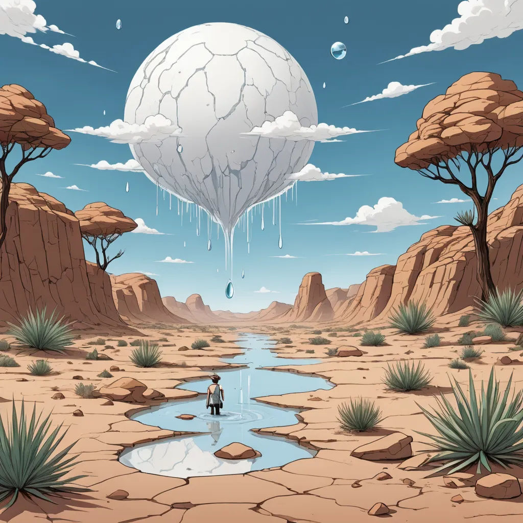 a man standing in a desert with a giant balloon floating over him and a river running through it, with a sky background, psychedelic art, digital art, Chris LaBrooy, rossdraws global illumination