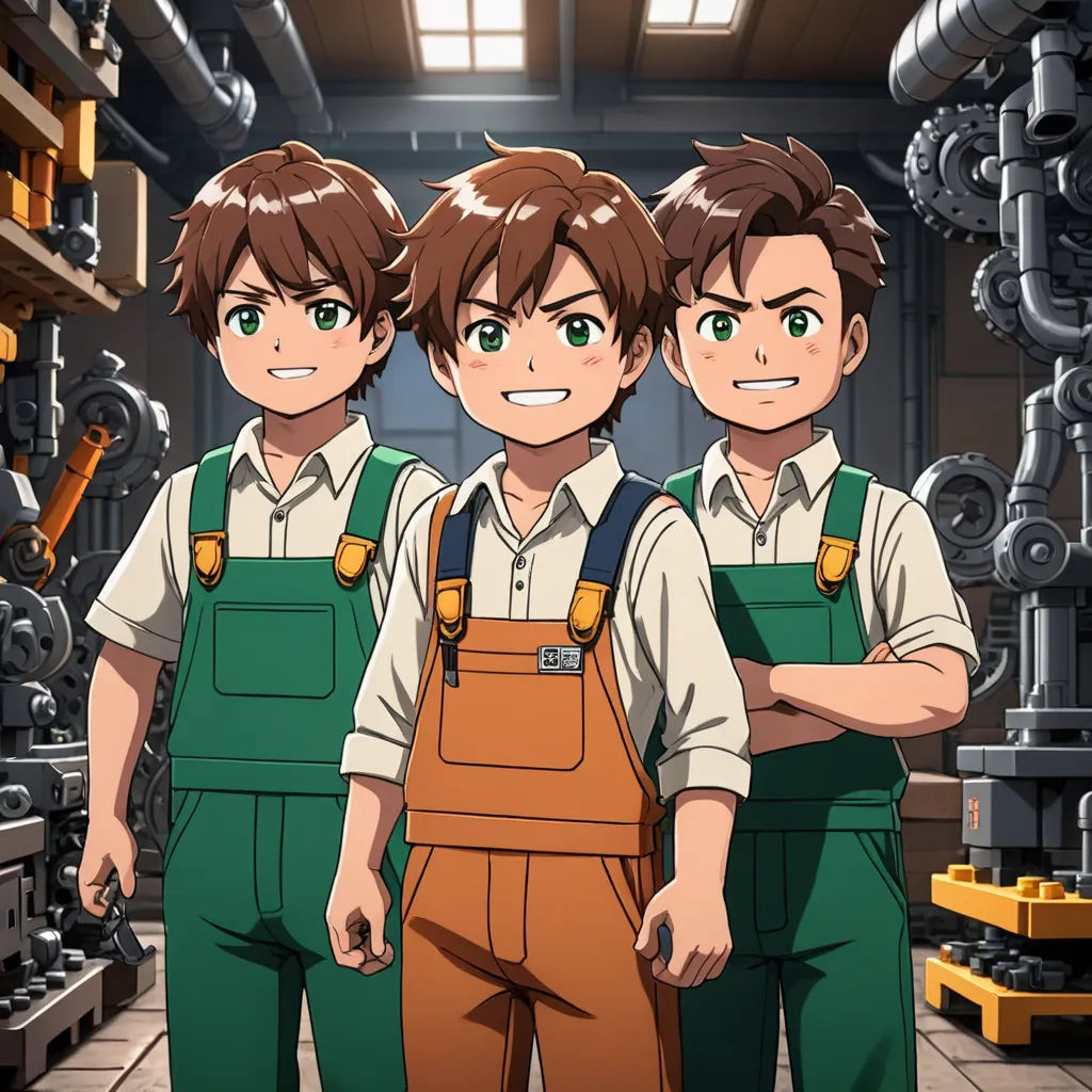 three men in overalls standing in a factory with their arms crossed and looking at the camera, with a machine room in the background, rayonism, concept art, Adam Manyoki, official art