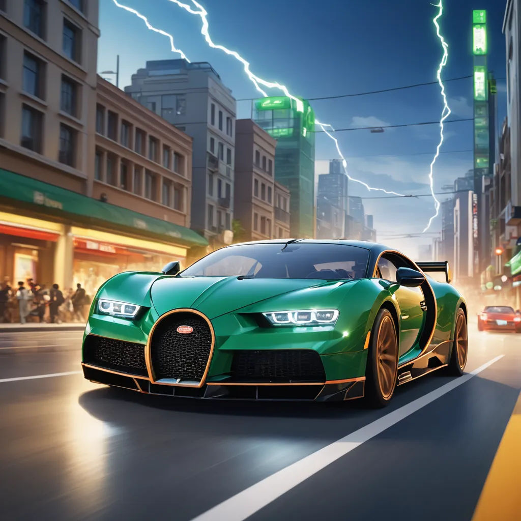 a green sports car driving down a city street at night with lightning in the background and a city street sign, photorealism, computer graphics, Andrew Law, dan mumford. octane render