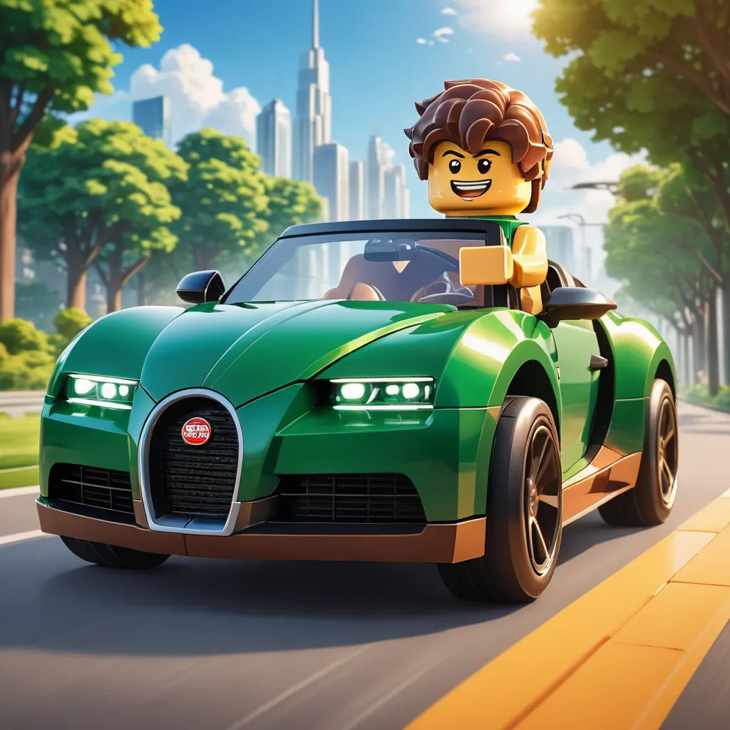 a green car with a lego man driving down a street in front of a city skyline with tall buildings, excessivism, a stock photo, Cornelisz Hendriksz Vroom, promotional image